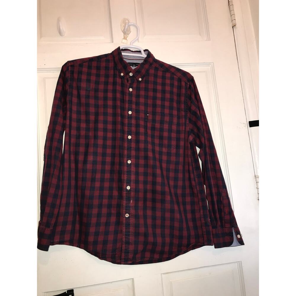 TOMMY HILFINGER Classic Fit Shirt Men's L Red & Blue LS